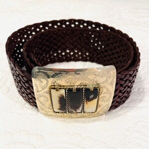 Brown Woven Belt with Horn Inlay Engraved Silver Buckle
